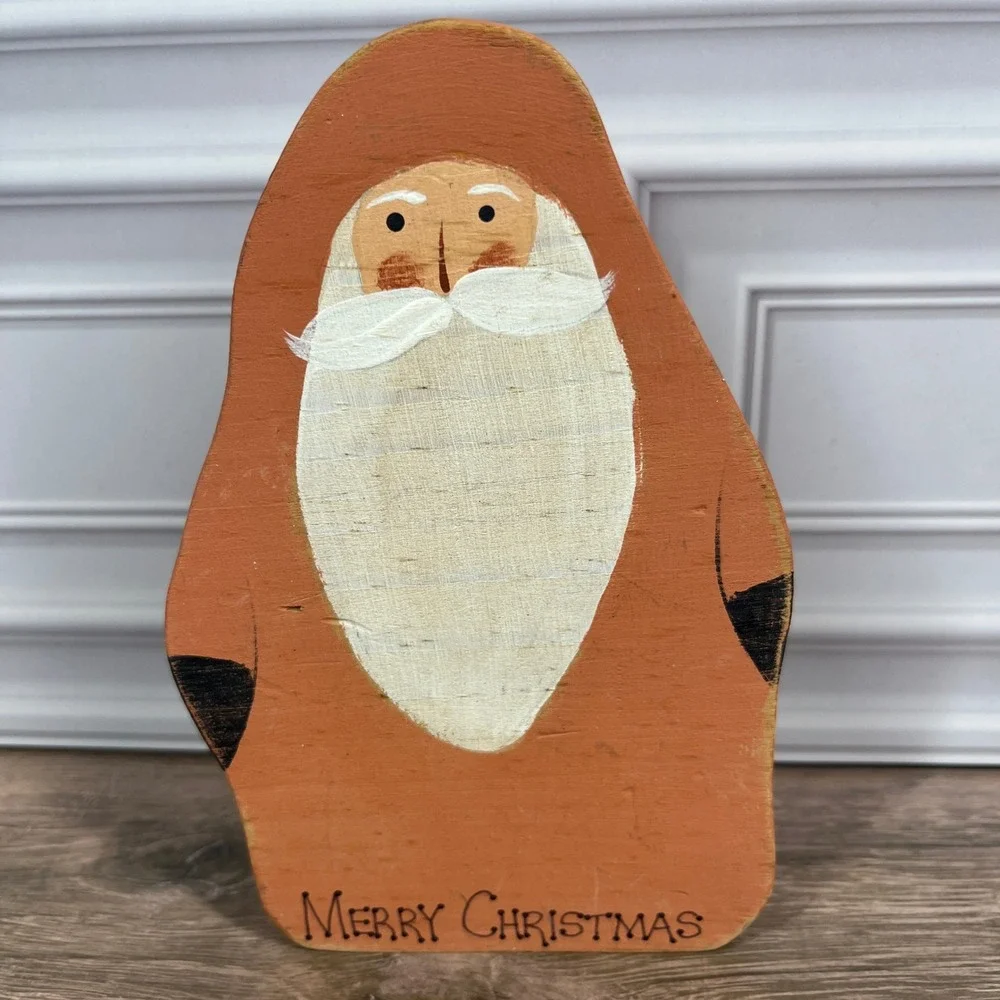 Hand‎ Painted Santa Figurines Orange Tabletop Primitive Rustic Wood Set of 2